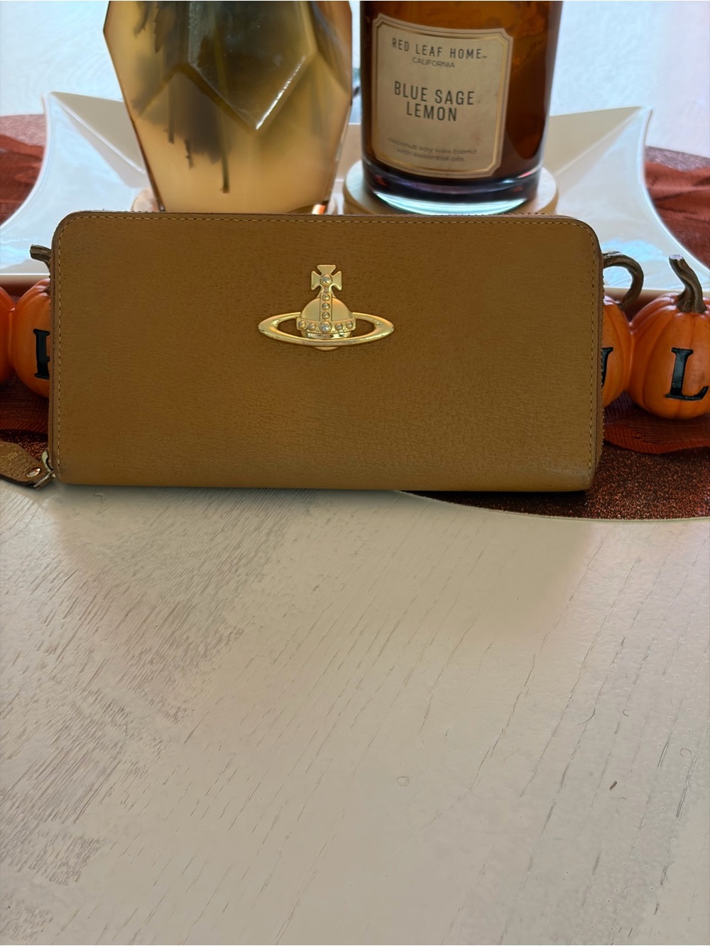 Vivienne Westwood Camel Brown Zip-Around Leather Wallet with Gold Orb